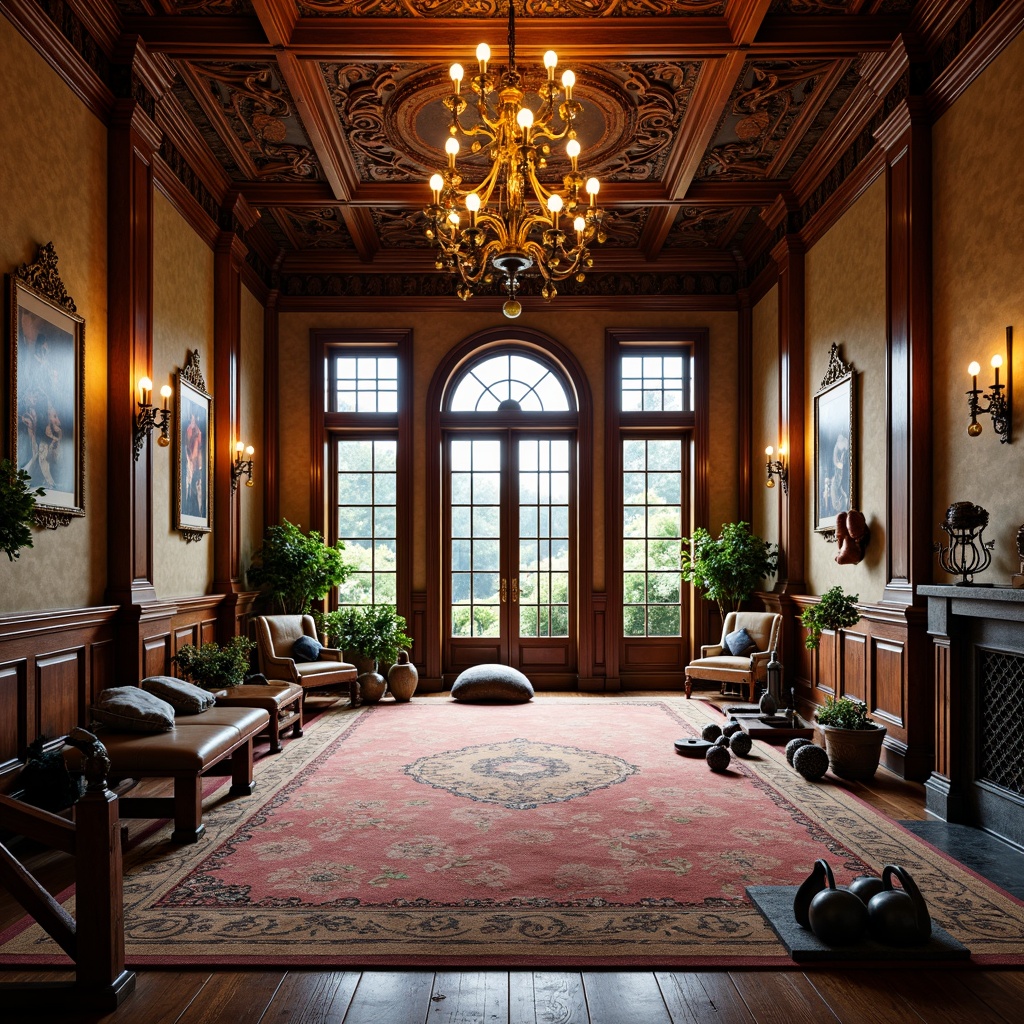 Prompt: Ornate Victorian-style home gym, rich wood tones, intricate moldings, vintage dumbbells, antique exercise equipment, ornamental mirrors, plush carpeting, warm golden lighting, comfortable seating areas, elegant chandeliers, distressed leather benches, free weights, kettlebells, medicine balls, yoga mats, floor-to-ceiling windows, natural light pouring in, soft focus, shallow depth of field, 1/2 composition, realistic textures, ambient occlusion.