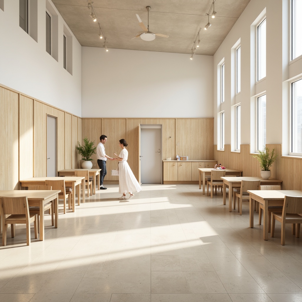 Prompt: Minimalist school interior, calm atmosphere, soft pastel colors, creamy whites, light grays, beige tones, wooden accents, natural textiles, simple furniture, clean lines, minimal ornamentation, plenty of negative space, abundant natural light, softbox lighting, shallow depth of field, 1/1 composition, realistic textures, subtle color gradations.