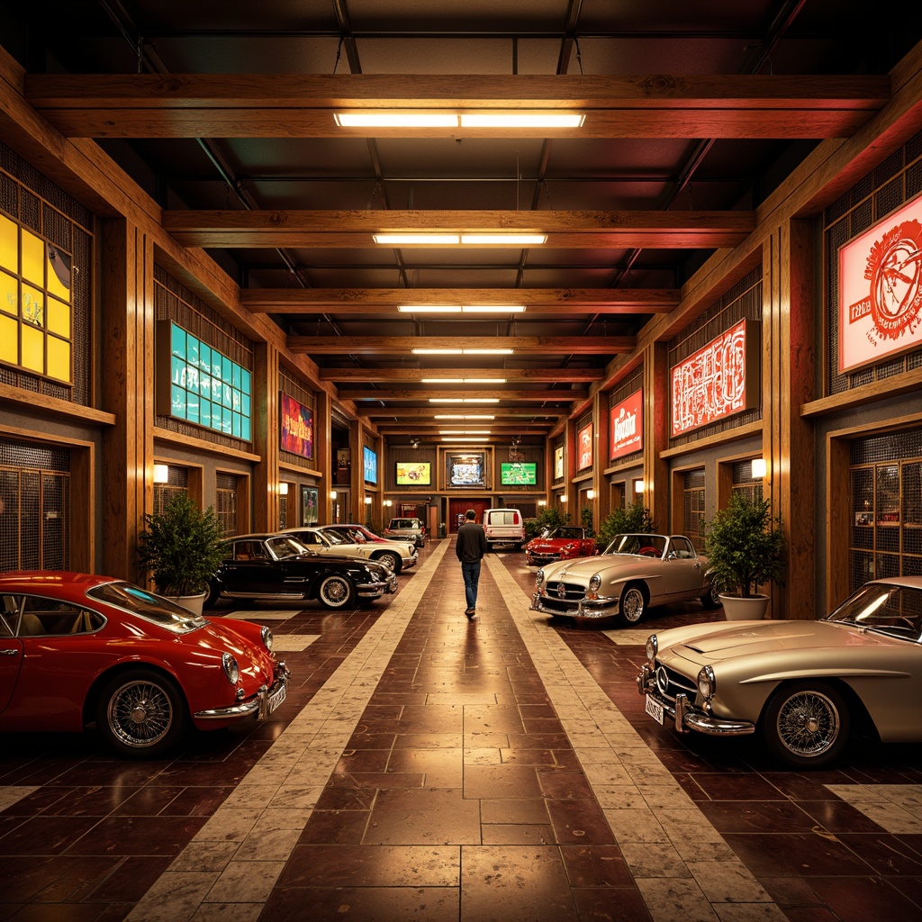 Prompt: Art Deco garage, luxurious metallic accents, bold geometric patterns, rich jewel-toned colors, opulent marble floors, ornate metalwork, vintage car displays, retro-inspired neon signs, warm golden lighting, dramatic shadows, high-contrast composition, cinematic atmosphere, nostalgic retro feel.