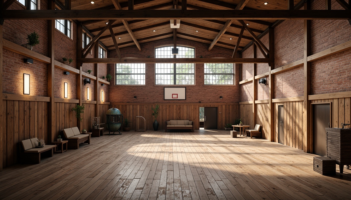 Prompt: Rustic gymnasium interior, wooden accents, exposed brick walls, metal beams, vintage sports equipment, distressed wood floors, warm industrial lighting, metal lanterns, pendant lamps, softbox lights, natural textures, earthy tones, cozy atmosphere, dimmable LED lights, high ceiling, large windows, natural light pouring in, dramatic shadows, 1/1 composition, realistic rendering.