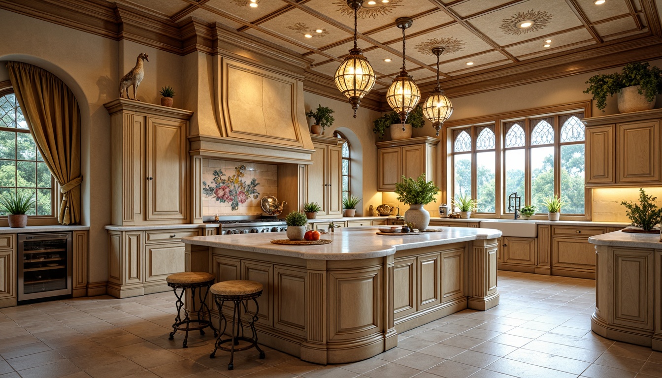 Prompt: Opulent kitchen island, curved lines, organic shapes, ornate metalwork, stained glass pendant lights, warm golden lighting, creamy marble countertops, rich wooden cabinetry, intricate floral patterns, soft pastel colors, vintage-inspired appliances, elegant ceramic tiles, natural stone flooring, lavish chandeliers, dramatic archways, whimsical botanical illustrations, 1/1 composition, high-contrast lighting, shallow depth of field.