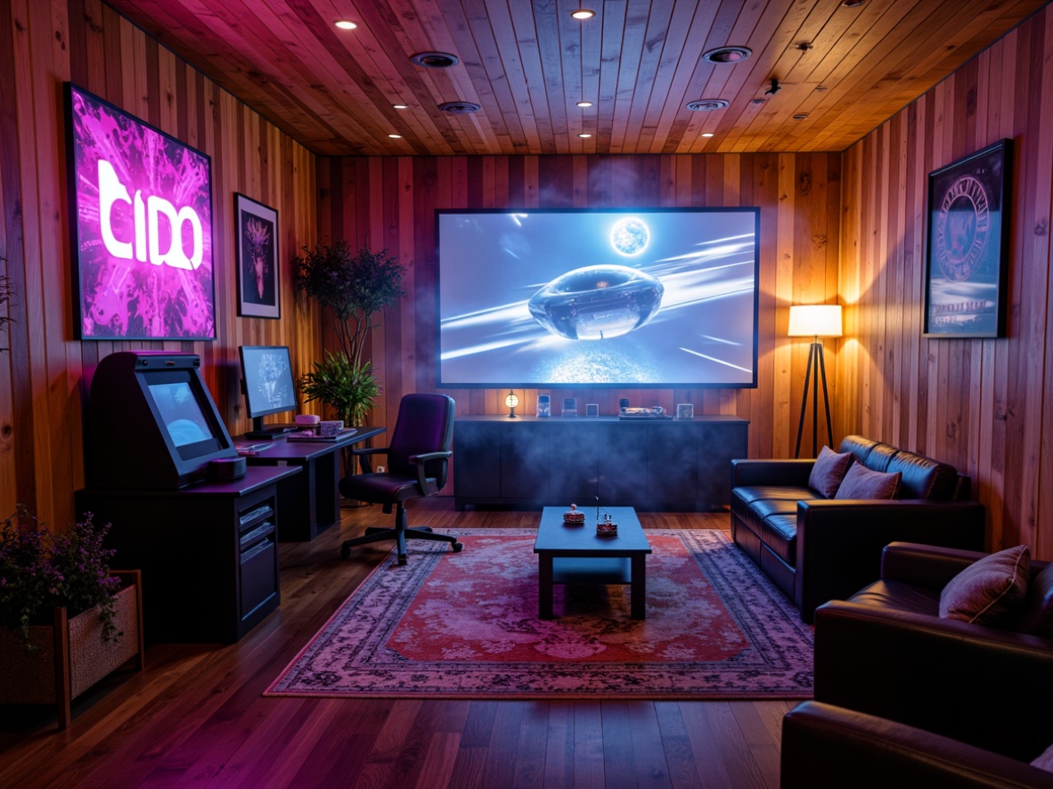 Prompt: Cozy game room, wooden paneling, warm ambient lighting, plush carpets, comfortable seating, futuristic gaming consoles, high-tech gadgets, vibrant neon lights, sci-fi inspired decorations, metallic accents, leather upholstery, rich wood tones, atmospheric mist, dramatic shadows, shallow depth of field, 3/4 composition, cinematic camera angles, realistic normal maps.