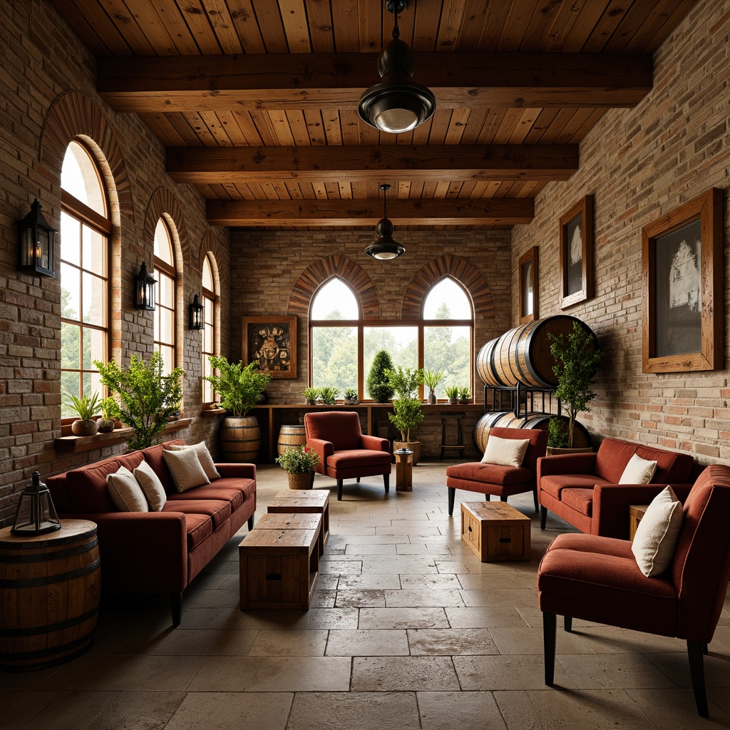 Prompt: Rustic winery interior, reclaimed wood accents, distressed metal decor, vintage wine barrels, wooden crates, earthy color palette, natural stone flooring, brick walls, arched windows, rustic wooden furniture, plush velvet sofas, leather armchairs, wooden benches, wine barrel tables, metal lanterns, pendant lighting, warm cozy ambiance, soft golden lighting, shallow depth of field, 1/2 composition, realistic textures, ambient occlusion.