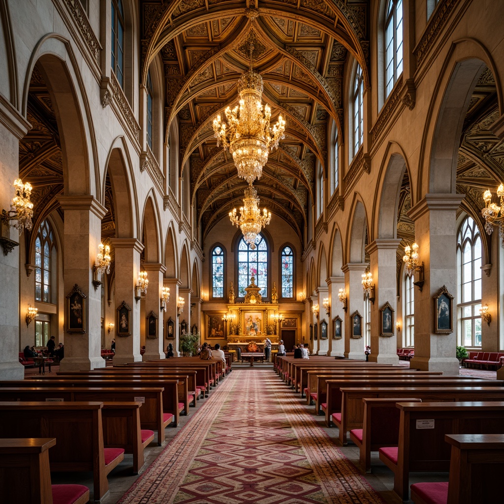 Prompt: Elegant church interior, ornate chandeliers, lavish gold accents, intricately patterned rugs, majestic stone columns, stained glass windows, curved wooden pews, luxurious velvet upholstery, antique bronze fixtures, geometric metalwork, symmetrical composition, warm golden lighting, soft focus blur, 1/2 camera angle, realistic reflections, ambient occlusion.