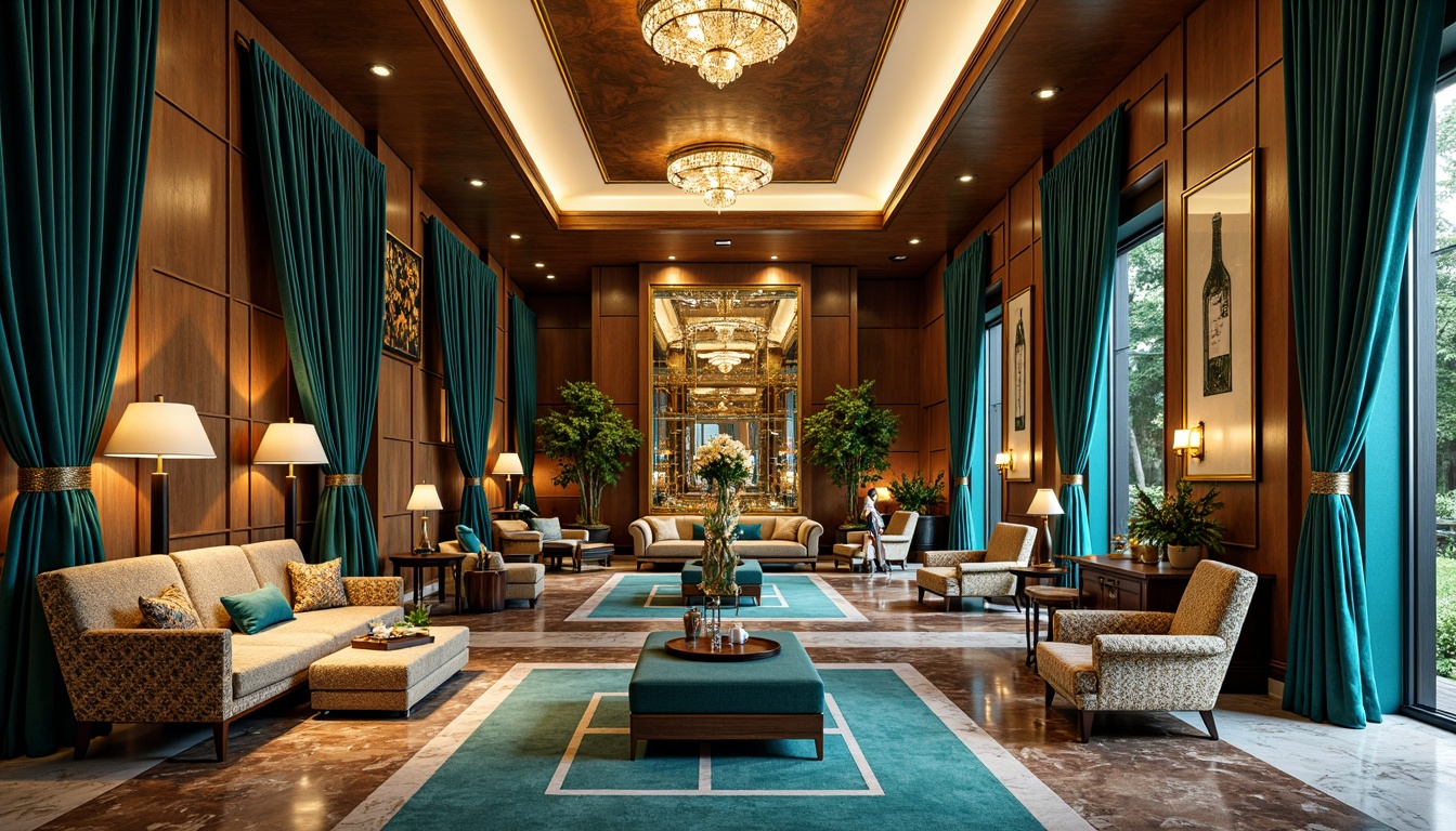 Prompt: Luxurious great room, opulent furnishings, richly patterned textiles, velvet drapes, ornate mirrors, gilded frames, metallic accents, geometric shapes, bold colors, statement lighting fixtures, lavish chandeliers, intricately carved wooden panels, marble floors, plush area rugs, glamorous Deco patterns, vibrant turquoise hues, warm golden tones, luxurious fabrics, sumptuous upholstery, sophisticated ambiance, dramatic ceiling height, 1/1 composition, high-contrast lighting, sharp focus, realistic reflections.