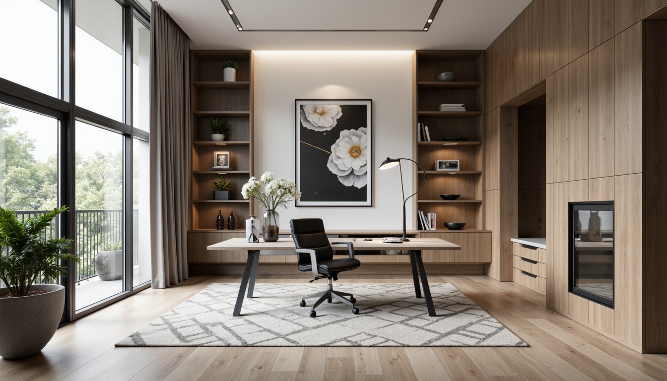 Prompt: Streamlined modern home office, minimalist decor, sleek metal desk, ergonomic chair, floor-to-ceiling windows, natural wood flooring, built-in shelving, geometric patterns, abstract artwork, monochromatic color scheme, softbox lighting, shallow depth of field, 1/1 composition, realistic textures, ambient occlusion.