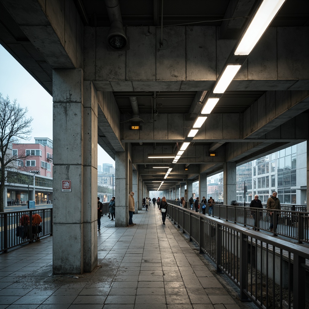 Prompt: Exposed concrete walls, raw brutalist architecture, industrial-style lighting fixtures, rugged stone floors, metallic railings, urban cityscape views, modern transit systems, crowded commuter atmosphere, dynamic angular lines, rough-hewn concrete columns, distressed metal accents, functional minimalism, cold atmospheric lighting, high-contrast shadows, dramatic perspective views, 1-point perspective composition, realistic texture mapping, ambient occlusion.