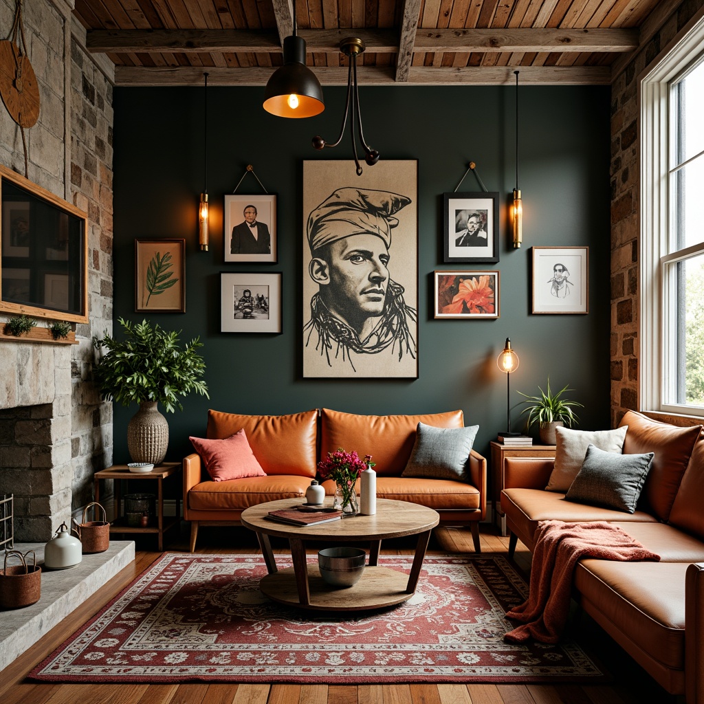 Prompt: Eclectic living room, vintage furniture, bold color palette, mixed textures, ornate decorations, statement lighting fixtures, industrial metal shades, Edison bulbs, abstract sculptures, patterned rugs, distressed wood accents, natural stone walls, warm cozy atmosphere, softbox lighting, 1/1 composition, realistic renderings, subtle shadows.