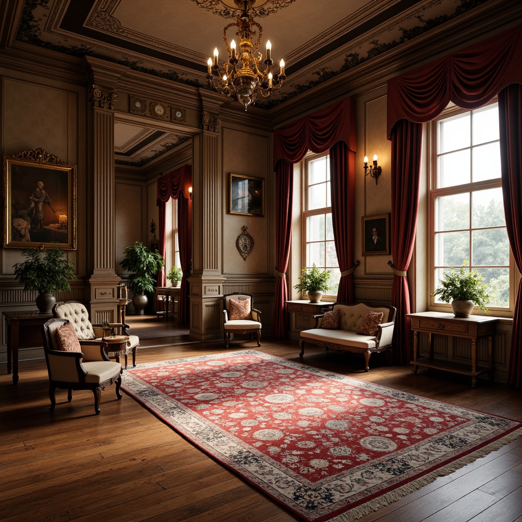 Prompt: Luxurious Victorian-era inspired interior, richly patterned Persian rugs, intricately designed hardwood floors, warm walnut wood tones, ornate parquet flooring, distressed vintage finishes, antique furniture pieces, opulent velvet drapes, grand chandeliers, soft warm lighting, shallow depth of field, 1/1 composition, realistic textures, ambient occlusion.