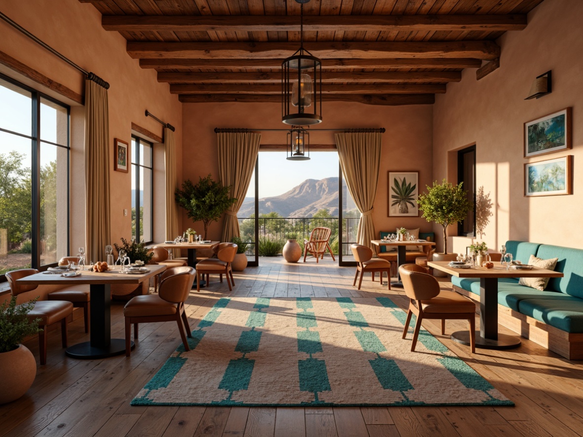 Prompt: Southwestern-style dining room, earthy tone walls, rustic wooden flooring, vibrant turquoise accents, plush woven textiles, geometric patterned rugs, distressed leather armchairs, reclaimed wood dining tables, pendant lanterns, natural fiber upholstery, warm beige drapery, adobe-inspired architecture, desert landscape views, cactus plants, warm golden lighting, soft focus photography, 1/1 composition, ambient occlusion, realistic materials.