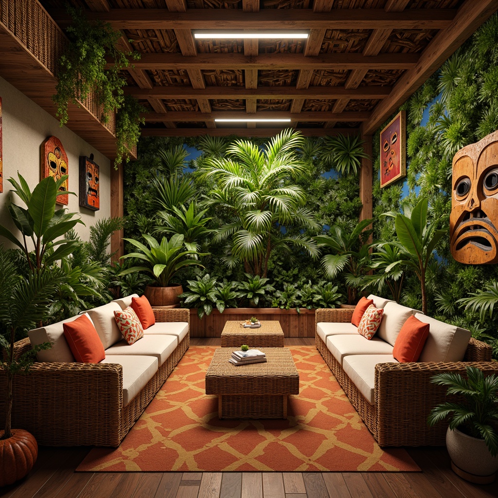 Prompt: Vibrant tropical game room, wicker furniture sets, plush cushions, natural rattan textures, woven bamboo accents, colorful tiki masks, exotic plant arrangements, wooden tribal patterns, rustic wooden flooring, warm soft lighting, cozy reading nooks, comfortable seating areas, oversized palm fronds, lush greenery, relaxed atmosphere, ambient sounds of tropical rainforest, 1/1 composition, cinematic camera angles, high dynamic range, realistic shadowing.