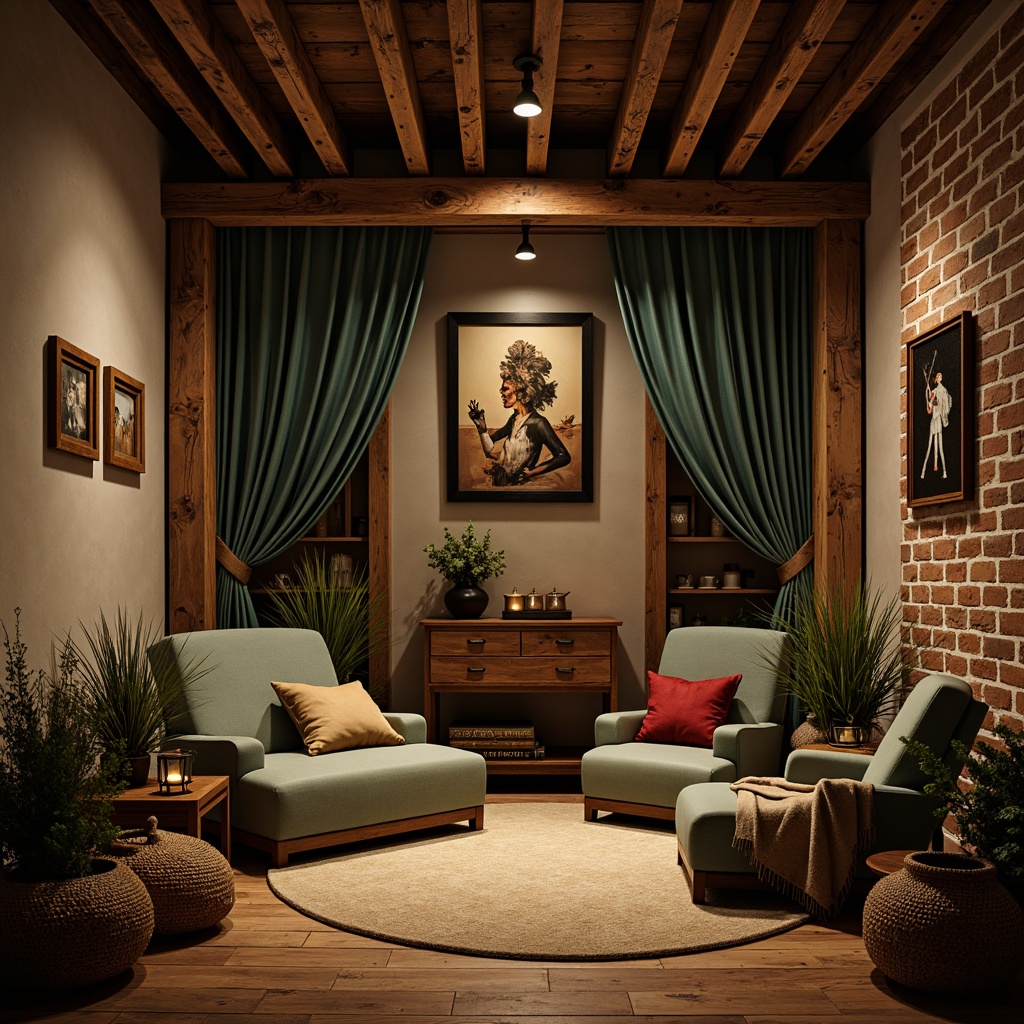 Prompt: Rustic farmhouse, vintage theater elements, distressed wood accents, earthy tones, warm beige, soft sage, muted turquoise, rich crimson, velvety black, golden lighting, spotlights, dimmed ambiance, natural textiles, woven baskets, antique furniture, reclaimed wood floors, exposed brick walls, cozy intimate atmosphere, 1/2 composition, low-key lighting, cinematic color grading.