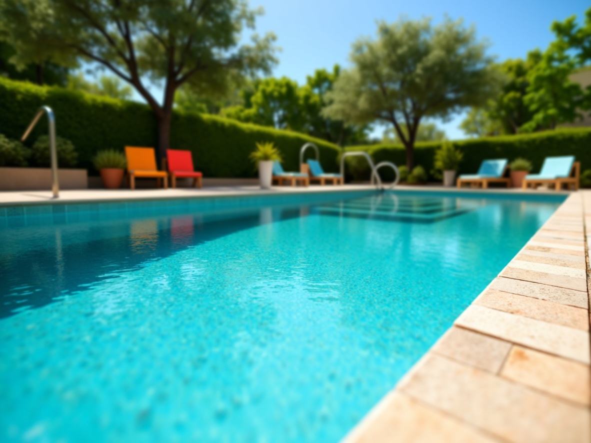 Prompt: Vibrant turquoise pool water, sleek modern pool design, surrounding lush greenery, natural stone coping, warm beige decking, colorful outdoor furniture, refreshing misting system, sunny day, shallow depth of field, 1/2 composition, soft focus effect, realistic water textures.