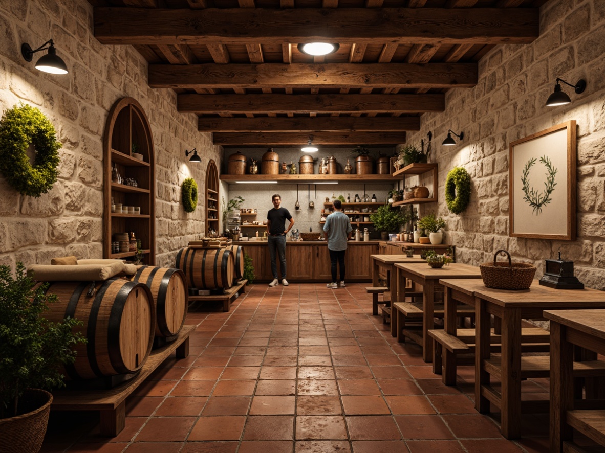 Prompt: Rustic winery, earthy tones, weathered wooden beams, stone walls, terracotta tiles, vintage metalware, wooden barrels, grapevine motifs, natural linen fabrics, woven baskets, distressed finishes, warm candlelight, soft ambient glow, 1/1 composition, shallow depth of field, realistic textures, ambient occlusion.