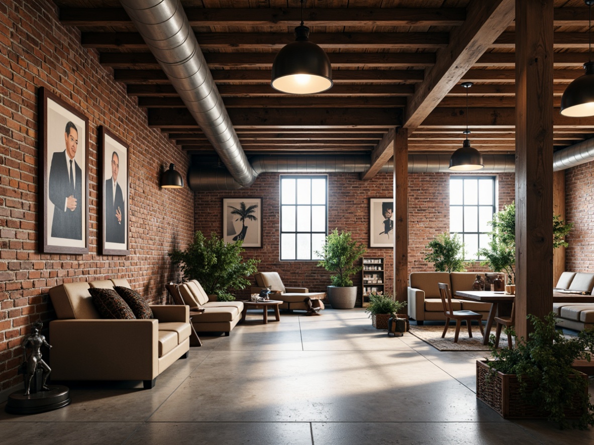 Prompt: Exposed brick walls, industrial chic aesthetic, reclaimed wood accents, metal beams, concrete floors, urban loft atmosphere, minimalist decor, functional lighting fixtures, distressed finishes, vintage machinery parts, eclectic art pieces, open floor plans, high ceilings, natural light pouring in, soft warm glow, shallow depth of field, 3/4 composition, gritty textures, realistic ambient occlusion.