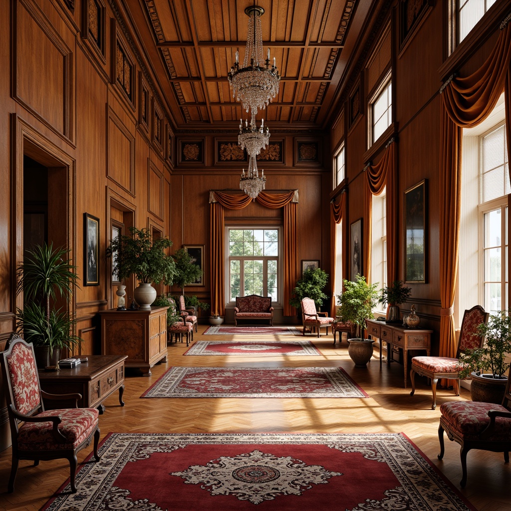 Prompt: Richly patterned rugs, intricate parquet flooring, warm hardwood planks, polished walnut panels, ornate tile inlays, soft plush carpeting, decorative borders, antique furnishings, opulent chandeliers, lavish drapery, grand staircases, high ceilings, elaborate moldings, Victorian-era inspired decor, classic furniture pieces, rich wood tones, luxurious textiles, warm golden lighting, shallow depth of field, 3/4 composition, realistic textures.