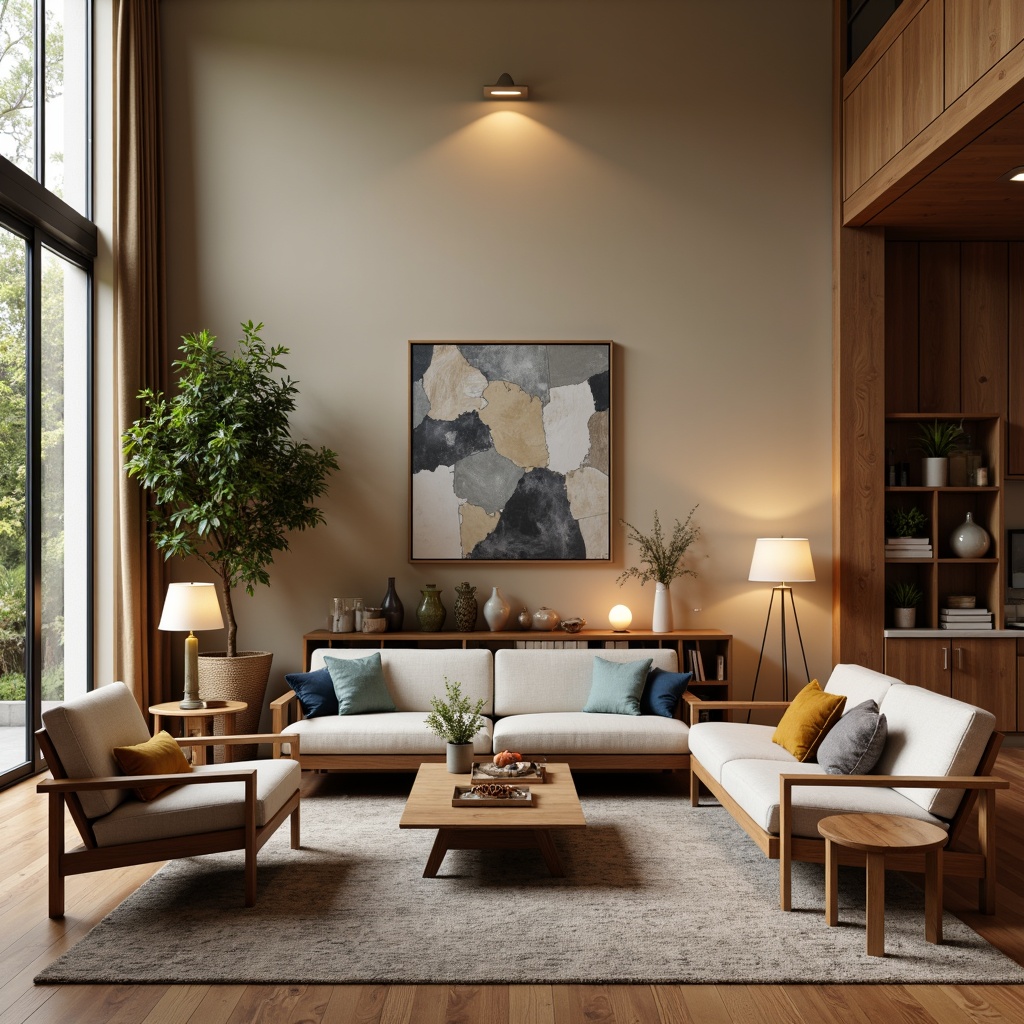 Prompt: Cozy living room, plush sofas, ergonomic chairs, wooden coffee tables, ambient floor lamps, soft rugs, minimalist decor, natural wood accents, comfortable sectionals, adjustable headrests, built-in storage, sleek metal frames, vibrant throw pillows, greenery plants, warm beige walls, large windows, soft diffused lighting, shallow depth of field, 2/3 composition, realistic textures.