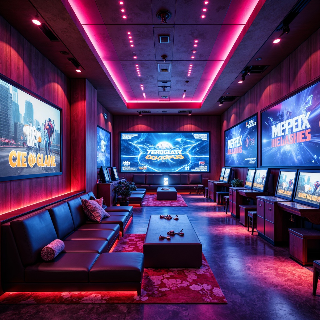 Prompt: Vibrant game room, neon lights, bold colors, futuristic accents, sleek consoles, comfortable seating, rich wood tones, metallic finishes, dynamic lighting effects, 3D visualizations, abstract patterns, contrasting textures, immersive atmosphere, cinematic experience, shallow depth of field, 1/1 composition, high-energy ambiance, virtual reality integration.