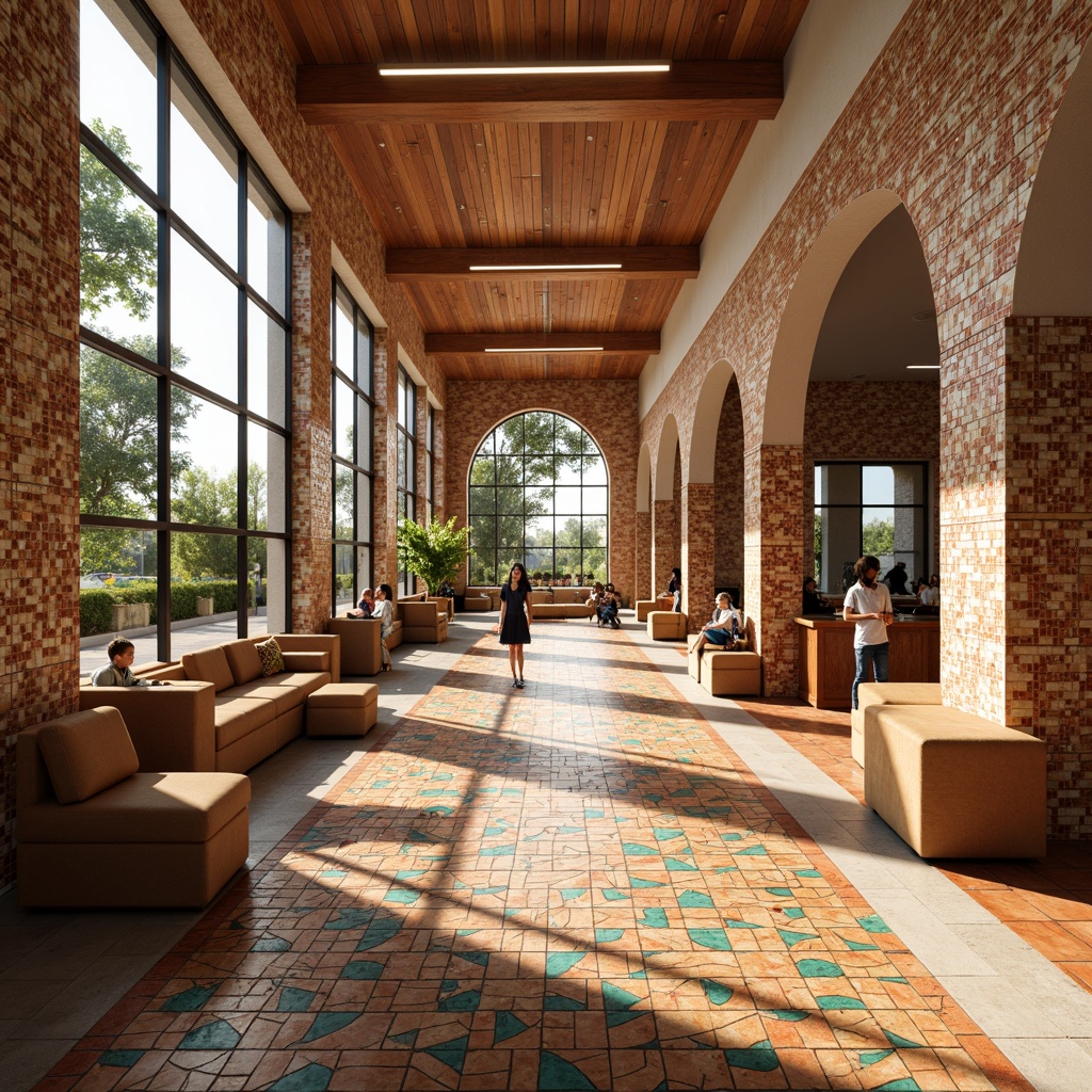 Prompt: Vibrant community center interior, eclectic tile patterns, warm earthy tones, geometric shapes, Moroccan-inspired mosaics, natural stone accents, wooden furniture, cozy seating areas, large windows, abundant natural light, soft warm lighting, shallow depth of field, 1/1 composition, realistic textures, ambient occlusion.