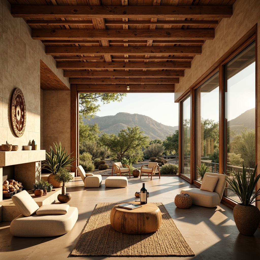 Prompt: Warm earthy tones, natural stone walls, rough-hewn wooden accents, large windows, sliding glass doors, open floor plans, minimalist decor, organic shapes, geometric patterns, 3D ceiling details, warm indirect lighting, cozy atmosphere, lush greenery, desert landscape, cactus plants, sunny day, soft warm glow, shallow depth of field, 1/1 composition, realistic textures, ambient occlusion.