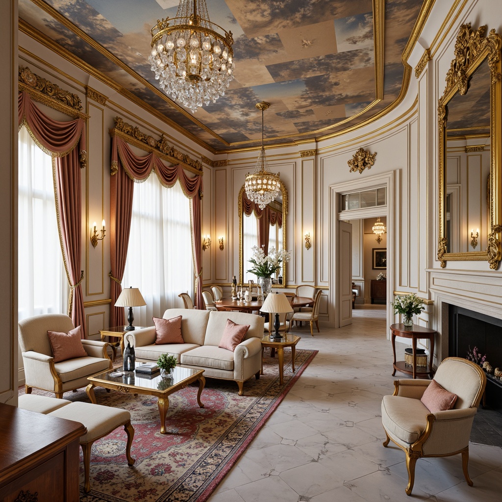 Prompt: Opulent Rococo-style apartment, lavish furnishings, intricately carved wooden accents, ornate gold leafing, delicate crystal chandeliers, plush velvet upholstery, soft pastel color palette, richly patterned rugs, grandiose mirrors, ornamental ceiling frescoes, sweeping curved lines, luxurious marble flooring, intricate moldings, subtle warm lighting, shallow depth of field, 1/1 composition, detailed textures, ambient occlusion.