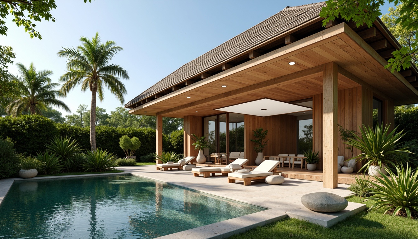 Prompt: Tropical modern villa, large overhanging roofs, clerestory windows, sliding glass doors, bright interior spaces, high ceilings, wooden accents, natural stone floors, lush green walls, palm tree surroundings, sunny day, warm soft lighting, shallow depth of field, 3/4 composition, panoramic view, realistic textures, ambient occlusion.