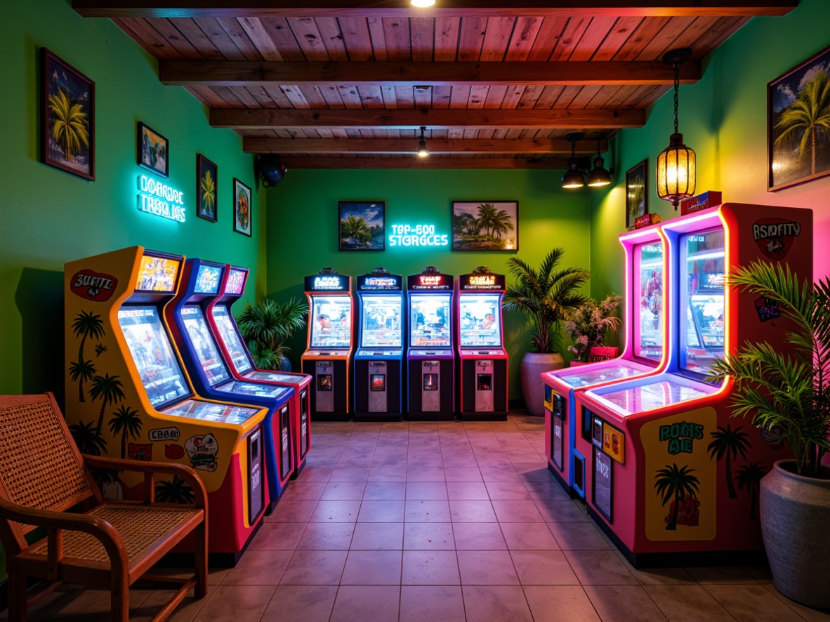 Prompt: Vibrant tropical game room, exotic island atmosphere, lush green walls, neon-lit arcade machines, colorful LED lights, warm cozy ambiance, rattan furniture, woven bamboo textures, natural wood accents, palm tree silhouettes, bright sunny day, soft warm lighting, shallow depth of field, 3/4 composition, panoramic view, realistic shadows, ambient occlusion.