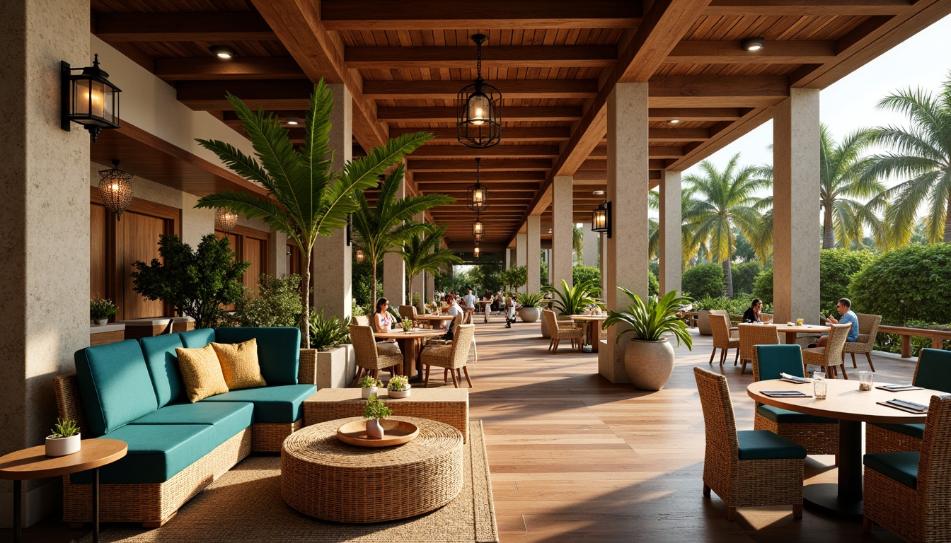 Prompt: Tropical dining hall, exotic wood accents, polished teak flooring, woven rattan furniture, vibrant turquoise upholstery, lush greenery walls, natural stone columns, warm beige stucco, rustic wooden beams, lantern-inspired lighting fixtures, soft warm glow, shallow depth of field, 1/2 composition, realistic textures, ambient occlusion.