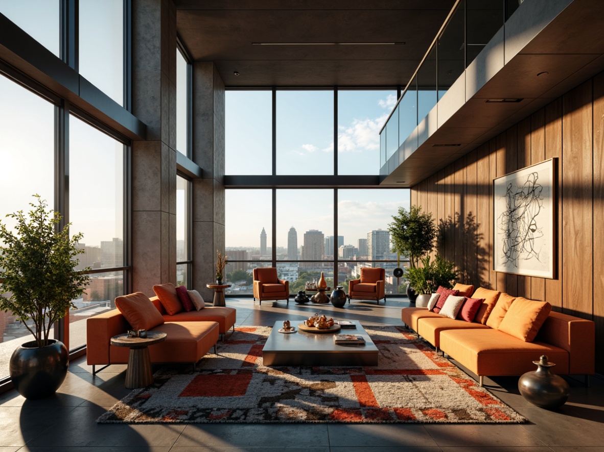 Prompt: Luxurious penthouse, open space concept, high ceilings, floor-to-ceiling windows, panoramic city views, modern expressionist architecture, bold color schemes, abstract artwork, sleek metal accents, polished concrete floors, minimalist decor, abundant natural light, soft warm glow, dramatic shading, 1/1 composition, ultra-modern furniture, avant-garde sculptures, eclectic textiles, atmospheric misting system.