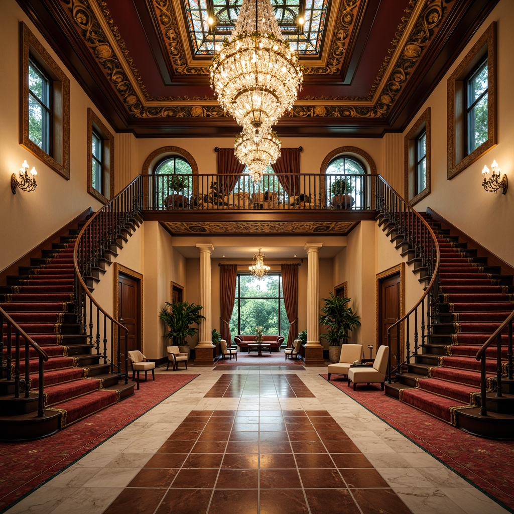 Prompt: Luxurious mansion, ornate facade, grand entrance, sweeping staircases, crystal chandeliers, marble flooring, intricate moldings, lavish furnishings, plush carpets, velvet drapes, gilded frames, opulent textiles, majestic columns, arched windows, stained glass ceilings, dramatic lighting, warm color palette, inviting atmosphere, symmetrical composition, 1/2 camera angle, soft focus effect.