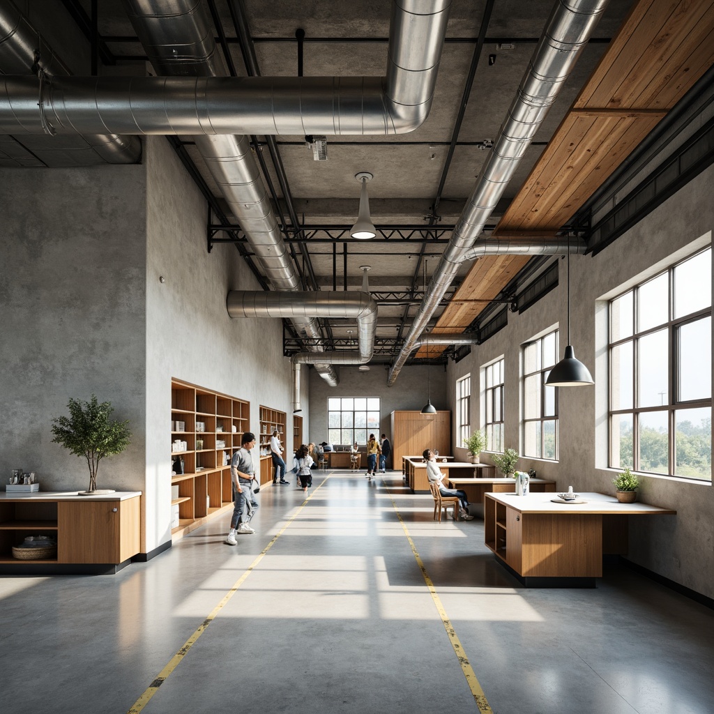 Prompt: Exposed ductwork, polished concrete floors, industrial metal beams, minimalist high school interior, functional lighting, open spaces, modern educational facilities, sleek laboratory equipment, reclaimed wood accents, urban-inspired color palette, neutral tones, natural light pouring in, subtle textures, shallow depth of field, 1/2 composition, realistic rendering, ambient occlusion.