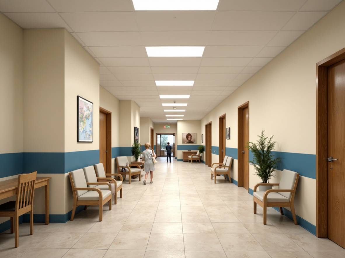 Prompt: Calming hospital corridors, soft cream walls, warm beige floors, gentle blue accents, natural wood furniture, comfortable waiting areas, peaceful patient rooms, serene nurse stations, calming color schemes, soothing lighting effects, warm white ceilings, subtle texture contrasts, 1/1 composition, shallow depth of field, realistic renderings, ambient occlusion.