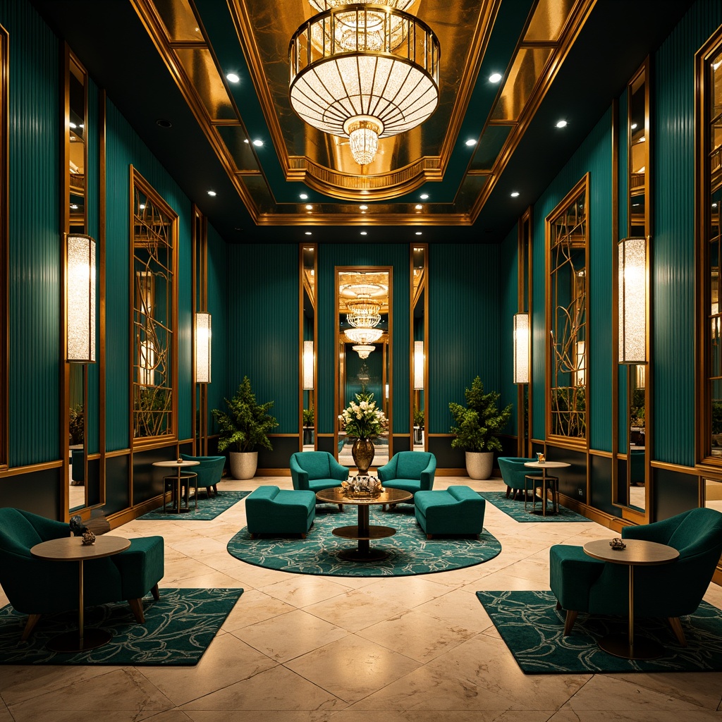 Prompt: Luxurious Art Deco interior, rich jewel-toned colors, emerald green walls, navy blue accents, metallic gold leaf details, sleek chrome fixtures, opulent velvet fabrics, geometric patterns, sunburst motifs, ornate mirrors, lavish crystal chandeliers, warm beige marble floors, high-contrast lighting, dramatic shadows, 1/2 composition, cinematic atmosphere.