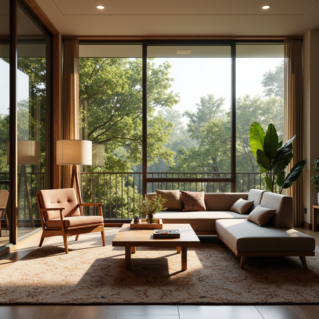 Prompt: Mid-century modern living room, sleek wooden coffee table, low-profile sectional sofa, tufted velvet armchair, geometric patterned rug, minimalist floor lamp, natural wood accents, large windows, sliding glass doors, lush greenery, warm sunny day, soft diffused lighting, shallow depth of field, 3/4 composition, realistic textures, ambient occlusion.