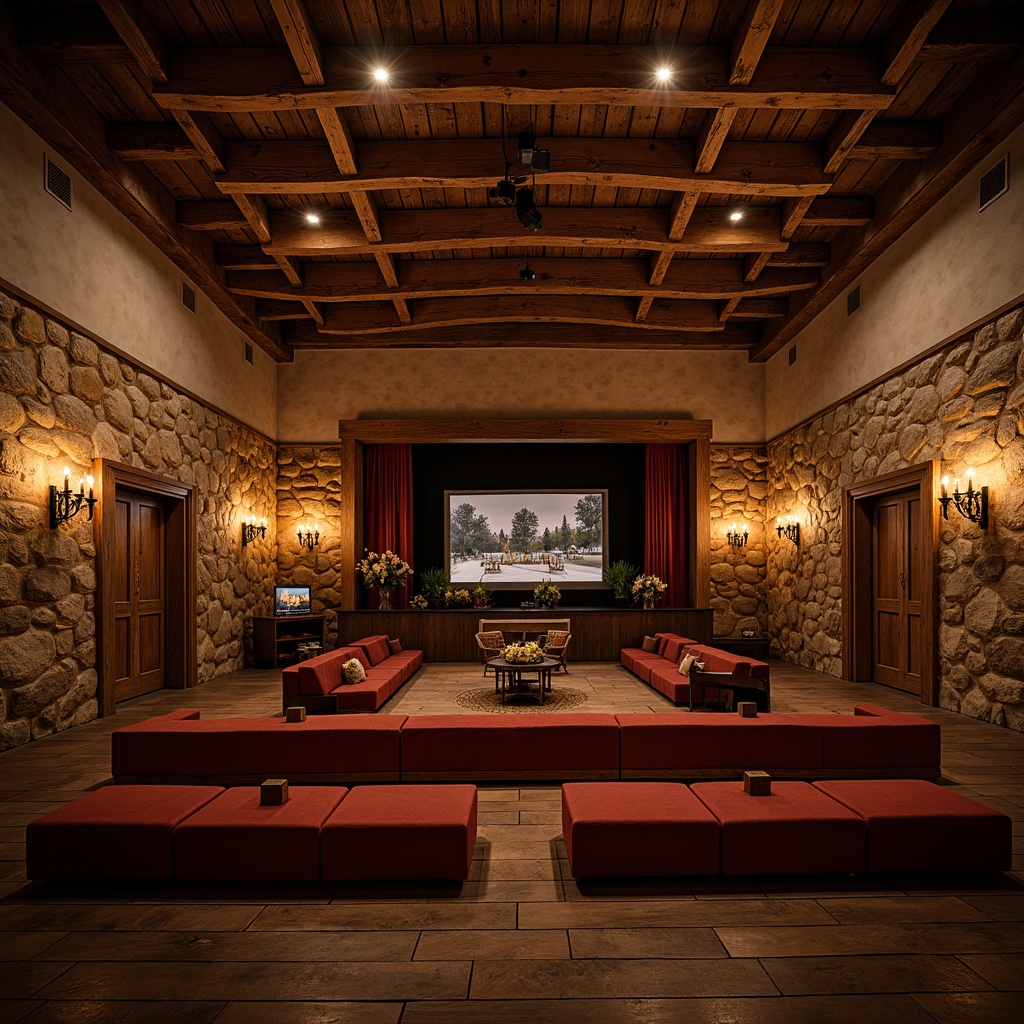 Prompt: Rustic farmhouse theater, vintage wooden beams, distressed metal accents, cozy candle lighting, plush velvet seats, reclaimed wood benches, soft cushioning, natural stone walls, earthy tone color palette, warm atmospheric ambiance, intimate gathering space, 3/4 composition, shallow depth of field, panoramic view, realistic textures, ambient occlusion.