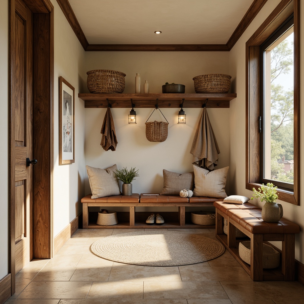 Prompt: Cozy mudroom, warm beige tones, rich walnut wood accents, soft cream colors, natural stone flooring, earthy brown hues, rustic metal decor, woven baskets, vintage outdoor gear, distressed leather benches, warm golden lighting, shallow depth of field, 1/2 composition, realistic textures, ambient occlusion.