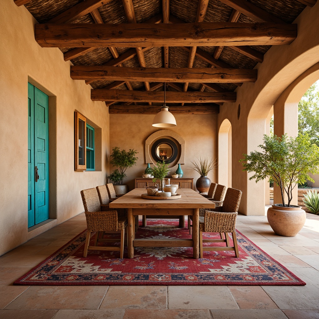 Prompt: Earthy southwestern dining room, warm beige stucco walls, rustic wooden furniture, woven wicker chairs, vibrant turquoise accents, colorful Navajo-inspired textiles, natural fiber rugs, earthy terracotta pottery, distressed wood beams, soft warm lighting, shallow depth of field, 3/4 composition, panoramic view, realistic textures, ambient occlusion.