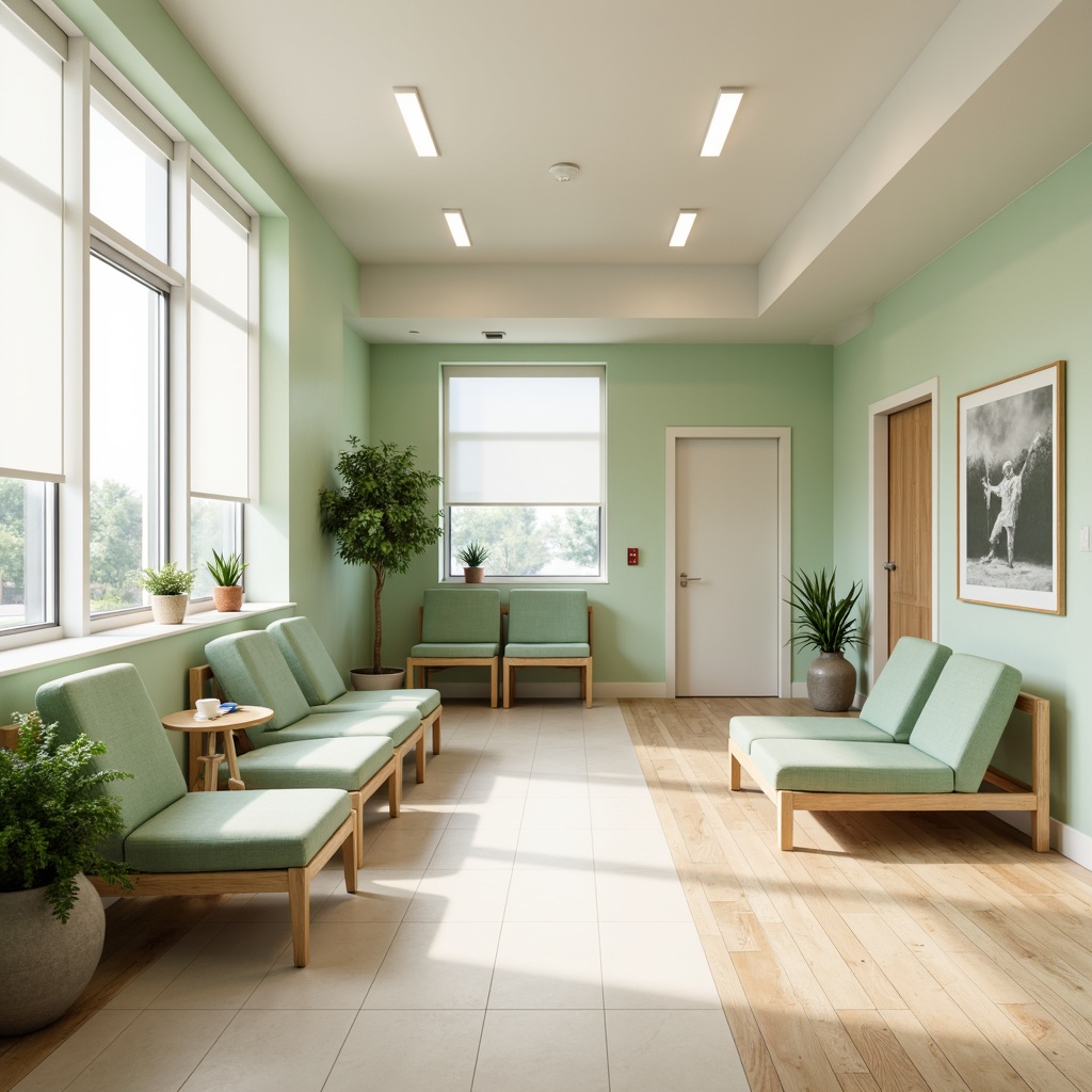 Prompt: Calming clinic interior, soothing color palette, soft pastel hues, gentle mint green, creamy whites, warm beige accents, natural wood tones, subtle earthy undertones, minimalist furniture design, sleek metal frames, comfortable seating areas, serene waiting rooms, calming artwork displays, abundant natural light, soft indirect lighting, shallow depth of field, 1/2 composition, realistic textures, ambient occlusion.