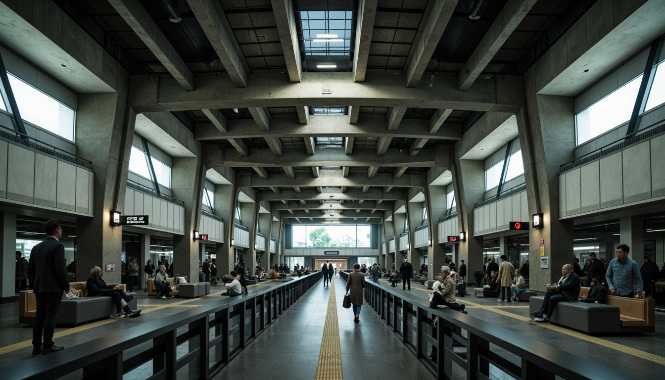 Prompt: Vast underground metro station, brutalist architecture, exposed concrete columns, industrial-style lighting, grand open spaces, high ceilings, minimalist seating areas, modern signage systems, sleek metal railings, urban landscape views, rush hour crowds, moody atmospheric lighting, dramatic shadows, 3/4 composition, low-angle photography, realistic textures, ambient occlusion.