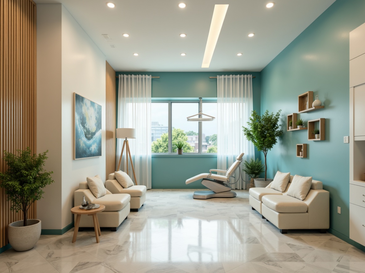 Prompt: Calming dental clinic, soothing blue-green color scheme, creamy whites, warm beige tones, natural wood accents, gentle curves, minimal ornamentation, modern equipment, sleek stainless steel surfaces, soft overhead lighting, calming ambiance, 1/2 composition, shallow depth of field, realistic textures, subtle shading.