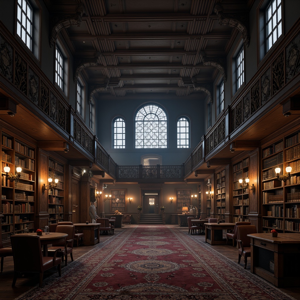 Prompt: Dark academia atmosphere, grandiose wooden shelves, intricately carved stone walls, mysterious lantern lighting, velvet drapes, ornate metalwork, ancient tomes, mystical artifacts, richly patterned rugs, heavy oak tables, worn leather armchairs, regal throne-like seating, dramatic archways, vaulted ceilings, stained glass windows, warm candlelight, dimly lit aisles, eerie silence, mysterious fog, 1/2 composition, low-key lighting, cinematic mood.