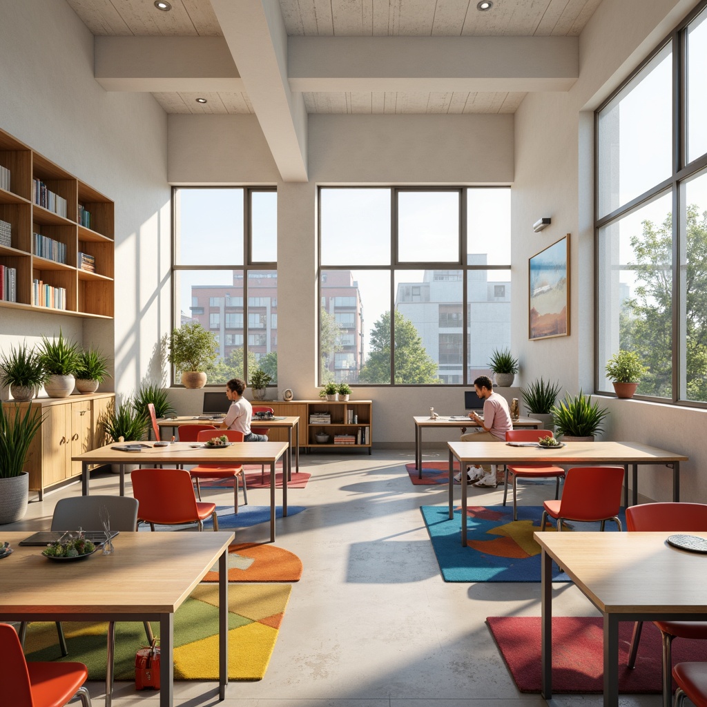 Prompt: Minimalist classroom, functional desks, ergonomic chairs, sleek metal legs, natural wood tones, simple storage units, organized shelves, collaborative workspaces, interactive whiteboards, vibrant colorful accents, geometric patterned rugs, plenty of natural light, soft warm lighting, 3/4 composition, shallow depth of field, realistic textures, ambient occlusion.