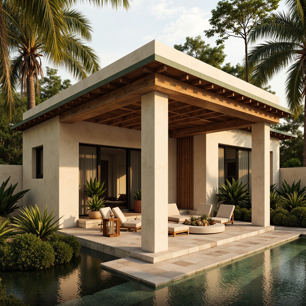 Prompt: Earthy-toned pavilion, warm beige exterior walls, rustic wooden accents, soft sage green roof tiles, natural stone floors, creamy white columns, elegant lanterns, lush greenery surroundings, serene water features, gentle misting systems, warm golden lighting, shallow depth of field, 3/4 composition, realistic textures, ambient occlusion.