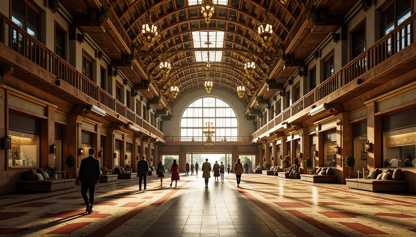 Prompt: Grandiose bus station, ornate metalwork, luxurious chandeliers, symmetrical staircases, geometric patterned floors, vibrant colorful tiles, bronze fixtures, opulent lighting fixtures, dramatic ceiling heights, sweeping archways, lavish furnishings, retro-futuristic atmosphere, warm golden lighting, high contrast ratios, strong shadows, 1/1 composition, low-angle photography, cinematic mood, realistic reflections, ambient occlusion.