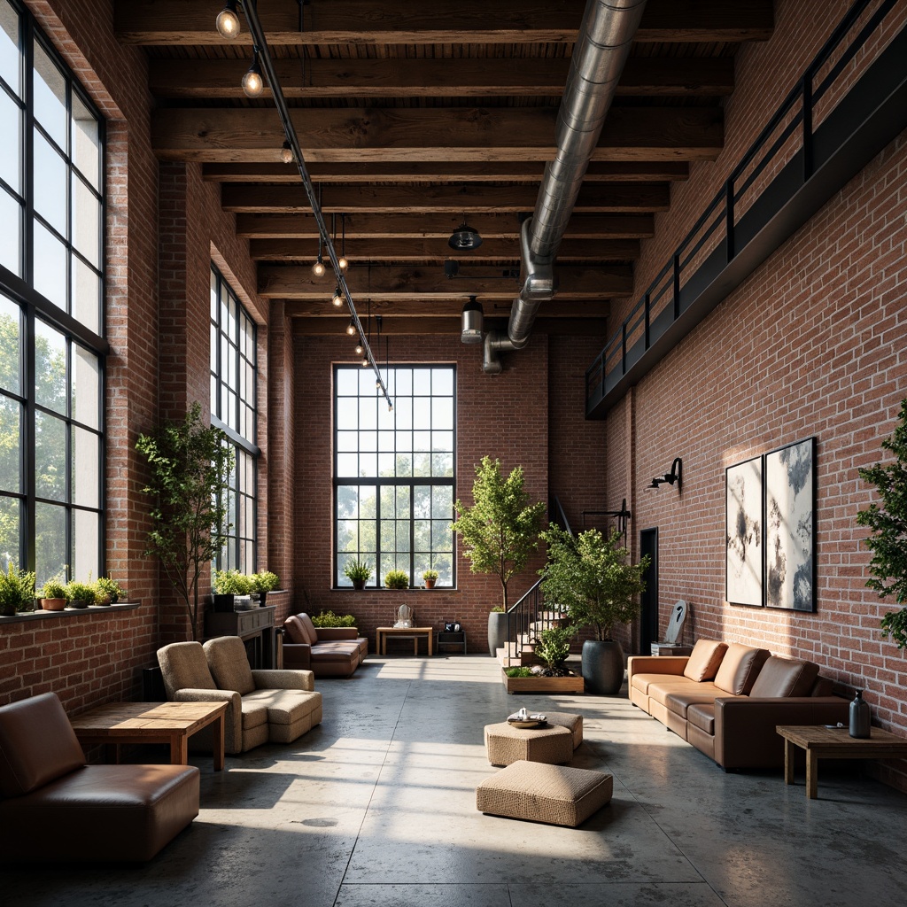 Prompt: Exposed brick walls, industrial chic, urban loft atmosphere, distressed wooden beams, metal accents, reclaimed wood furniture, Edison bulb lighting, concrete floors, minimalist decor, functional pipes, modern industrial architecture, open space layout, natural light pouring in, high ceilings, raw unfinished textures, monochromatic color scheme, dramatic shadows, low-angle shot, 1/2 composition, moody ambient lighting.