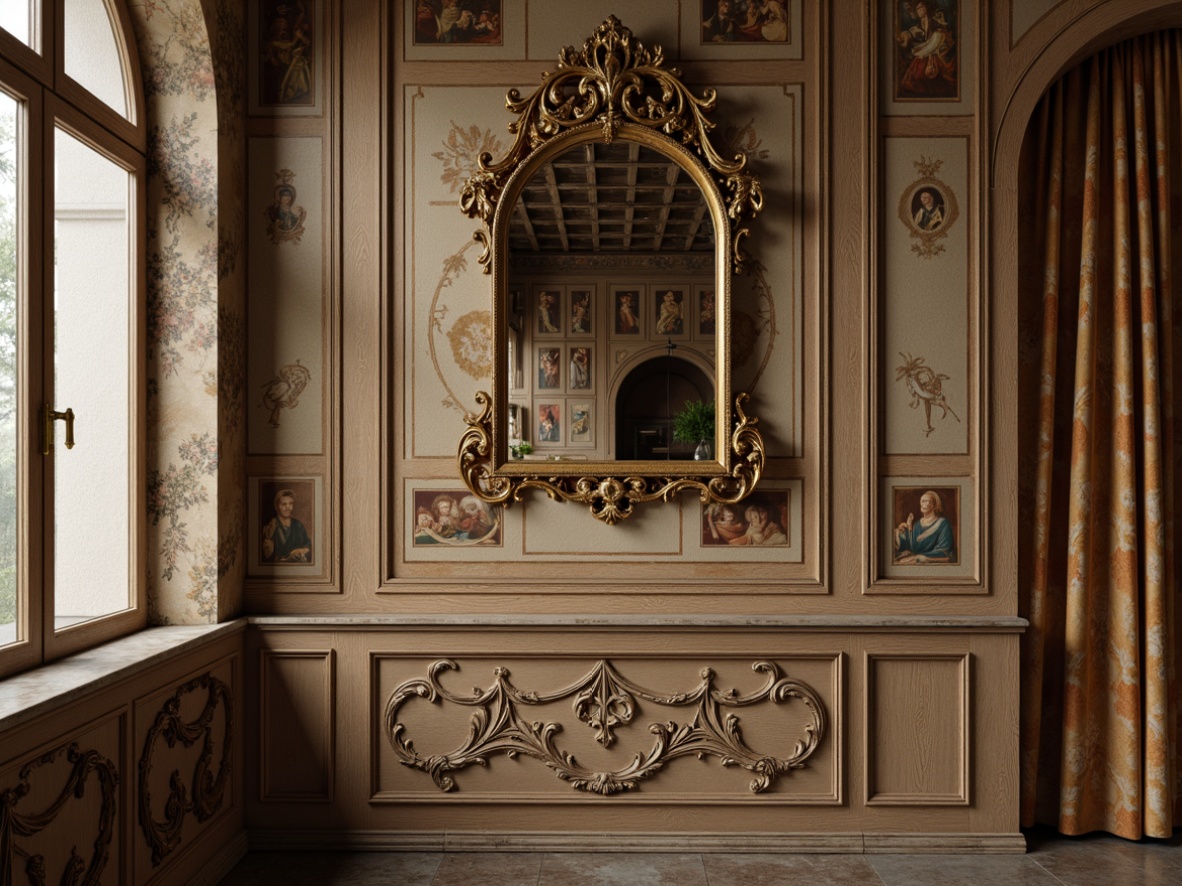 Prompt: Traditional ornate mirrors, distressed wood paneling, rustic stone walls, vintage wallpaper patterns, rich velvet drapes, ornamental molding details, classic European-inspired frescoes, subtle texture overlays, warm beige color palette, soft diffused lighting, 1/2 composition, intimate atmospheric perspective, realistic material simulations.