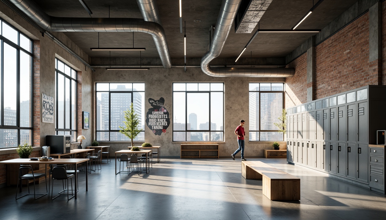 Prompt: Exposed ductwork, polished concrete floors, industrial metal beams, minimalist classroom setup, modernist high school architecture, sleek laboratory equipment, reclaimed wood accents, urban cityscape views, natural light pouring in, airy open spaces, bold typography signage, metallic lockers, distressed brick walls, edgy graffiti murals, concrete benches, abstract sculptures, softbox lighting, shallow depth of field, 2/3 composition, cinematic framing.