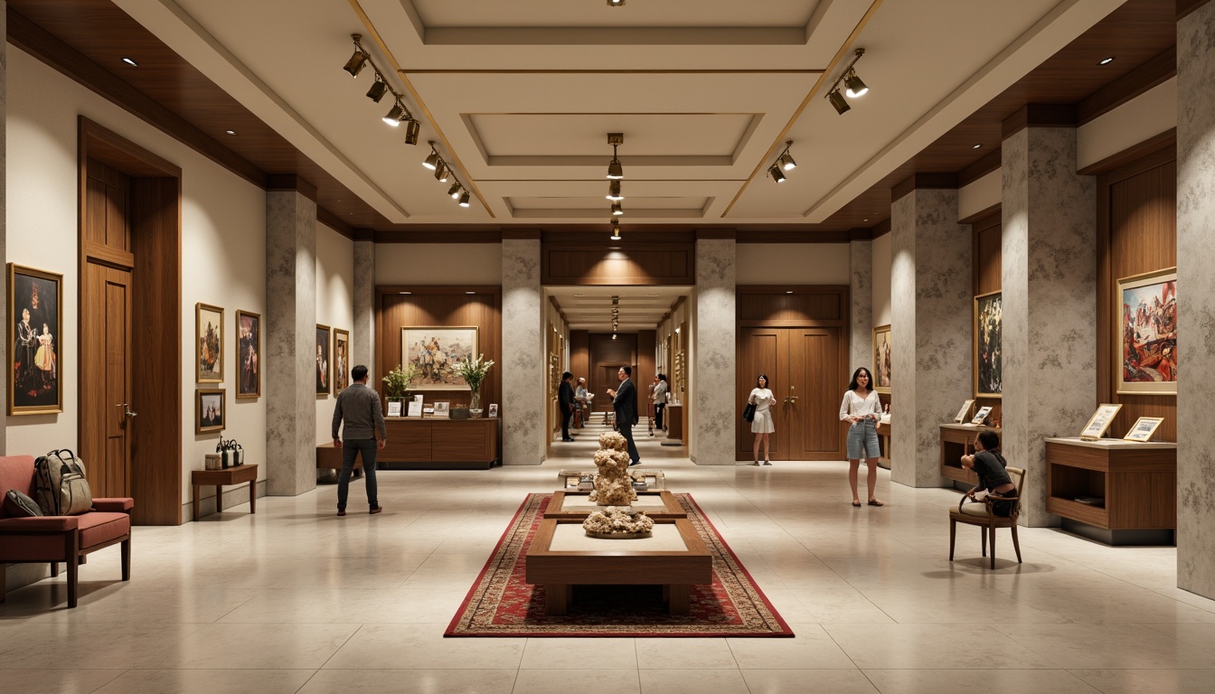 Prompt: Museum interior, neutral beige walls, rich walnut wood accents, polished marble floors, subtle grey stone columns, elegant bronze fixtures, sophisticated cream ceilings, dramatic spotlights, warm ambient lighting, soft shadows, 1/1 composition, symmetrical framing, ornate gold frames, vibrant artwork, cultural artifacts, ancient relics, historical exhibits, interactive displays, educational graphics, comfortable seating areas, plush velvet upholstery, subtle patterned rugs, serene atmosphere, quiet contemplation.