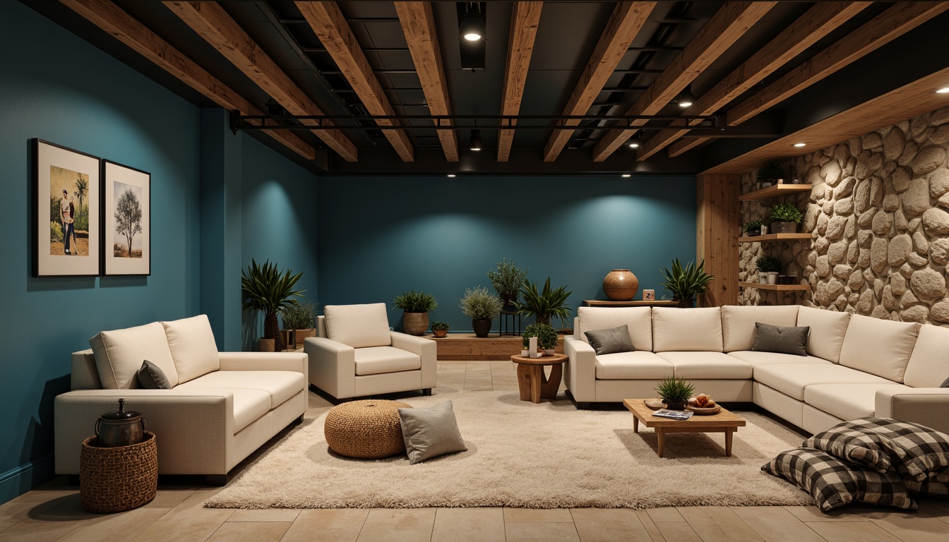 Prompt: Cozy basement, cerulean blue walls, warm beige flooring, soft cream-colored furniture, industrial metal beams, rustic wooden accents, modern minimalist decor, ambient dim lighting, intimate seating areas, plush throw blankets, natural stone textures, earthy scent, relaxing atmosphere, cinematic 16