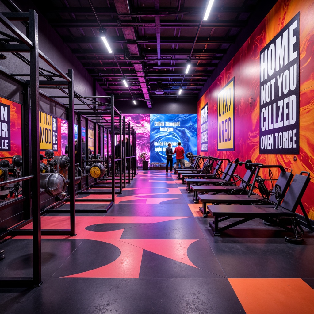 Prompt: Vibrant home gym, bold color scheme, energetic atmosphere, motivational quotes, industrial-style equipment, metallic frames, rubber flooring, mirrored walls, sleek lighting fixtures, high ceilings, open space, modern architecture, abstract geometric patterns, neon accents, dynamic shadows, dramatic spotlights, 3/4 composition, shallow depth of field, realistic textures.